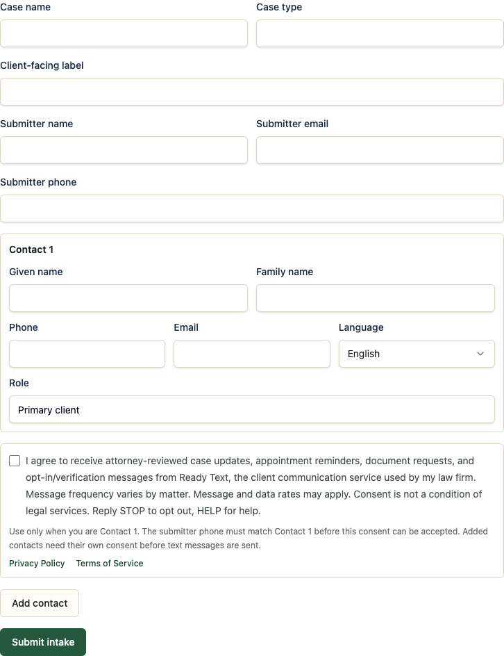Screenshot of the Ready Text public intake form showing mobile-number fields, the separate unchecked SMS consent checkbox, full disclosure, Privacy and Terms links, and Submit intake button
